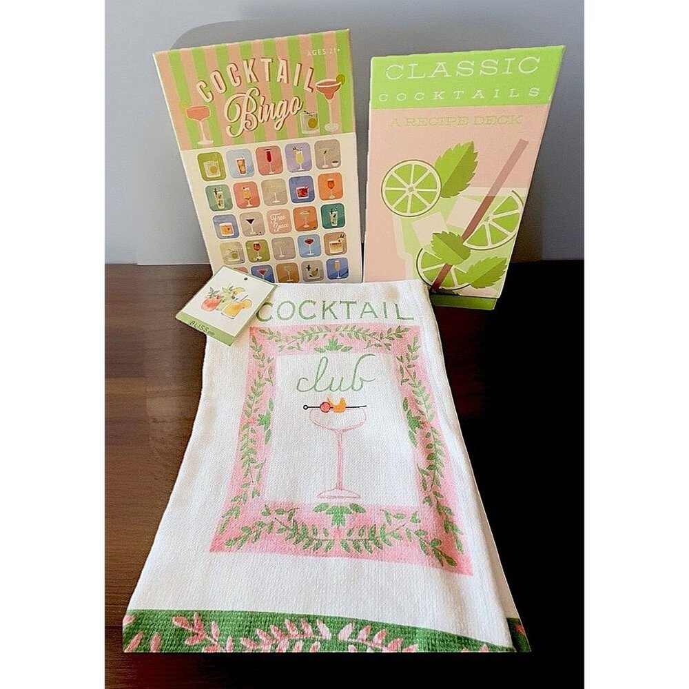 NEW 3-pc Cocktail Bingo Game & Recipe Cards & Towel Hostess Set GIFT Barware Bar